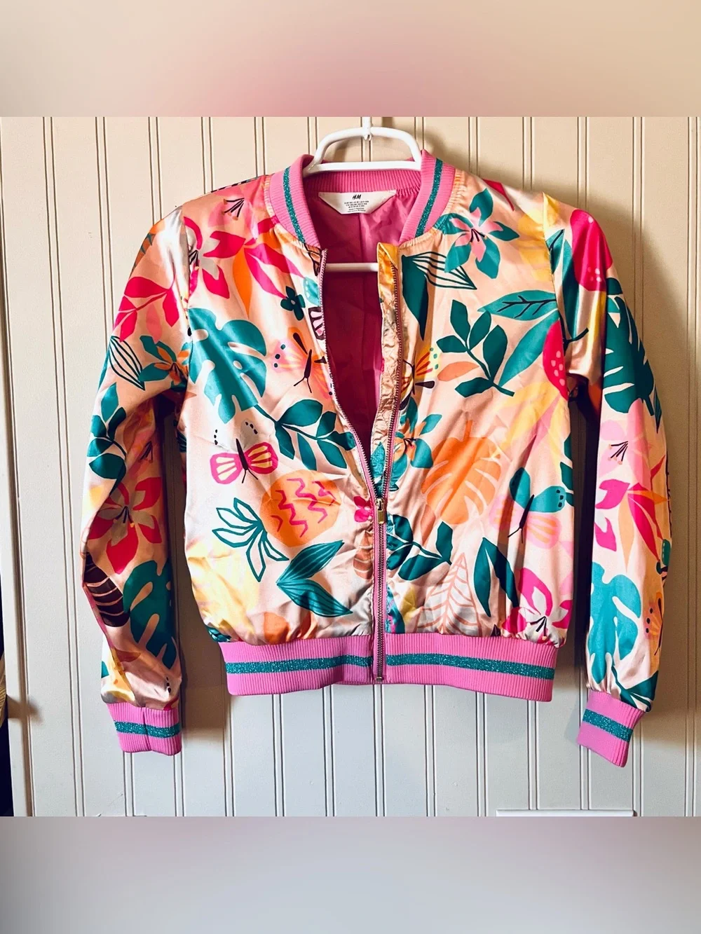 H&M girls colorful satin bomber jacket with butterflies and floral size 10